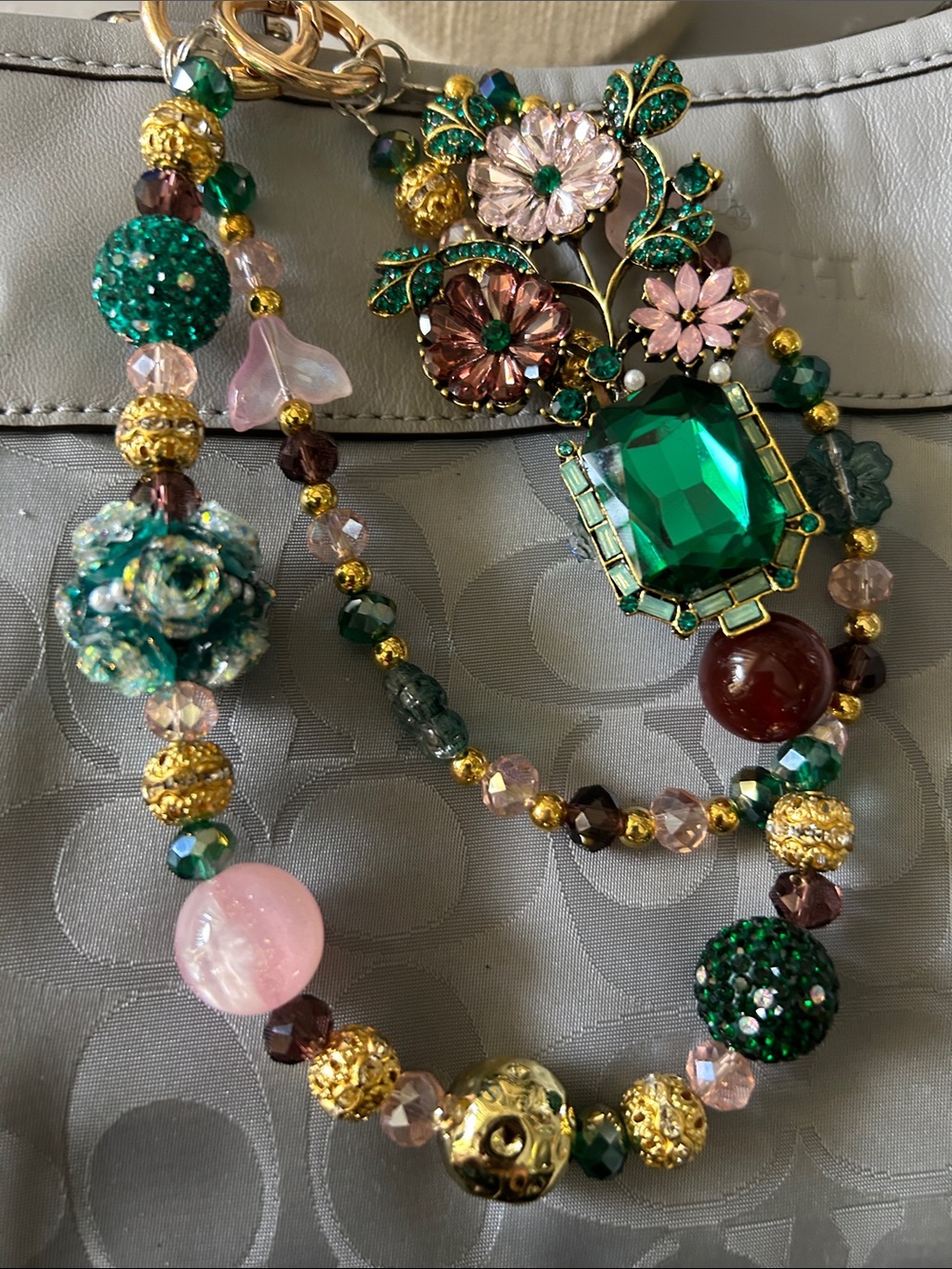Keychain Green Pink Floral Statement Necklace